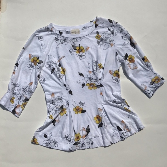 T.la Anthropologie White Floral Print Peplum Shirt - Picture 2 of 6